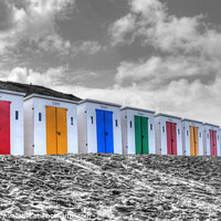Buy canvas prints of Woolacombe Beach Huts Selective Colour Panoramic by Diana Mower