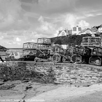Buy canvas prints of Harbour Lobster Pots Port Isaac Mono by Diana Mower