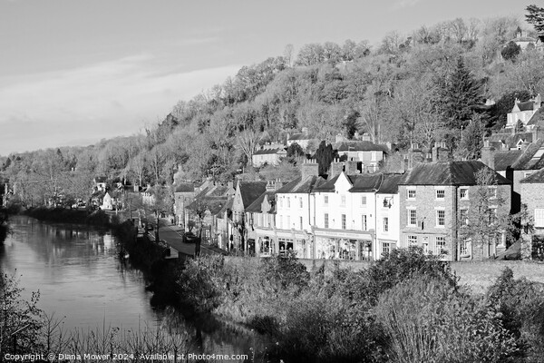 Ironbridge High Street and River Severn Monochrome Picture Board by Diana Mower