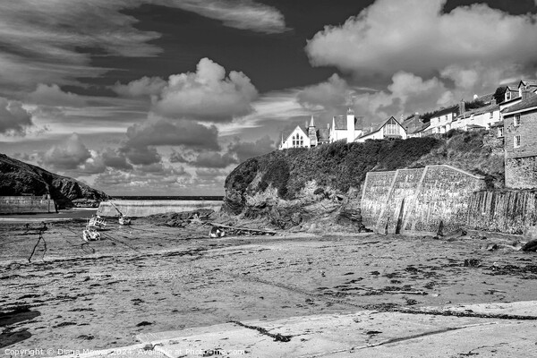 Port Isaac Harbour Monochrome Picture Board by Diana Mower