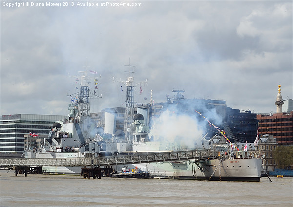 HMS Belfast Firing Gun Salute Thames London Picture Board by Diana Mower