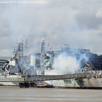 Buy canvas prints of HMS Belfast Firing Gun Salute Thames London by Diana Mower