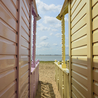 Buy canvas prints of View through the huts West Mersea Essex by Diana Mower