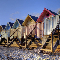 Buy canvas prints of Mersea Evening light on Beach Huts by Diana Mower