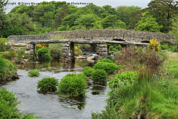 The two bridges at  Postbridge. Dartmoor Picture Board by Diana Mower