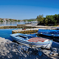 Buy canvas prints of Zatoglav Beach Boats Croatia by Diana Mower