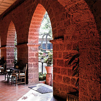 Buy canvas prints of Pointed red brick arches to gardens by Arfabita  
