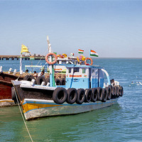 Buy canvas prints of At Bet Dwarka Pier Gulls think Fishing Boats by Arfabita  