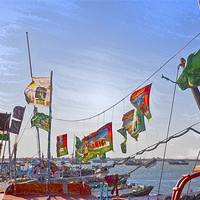 Buy canvas prints of Flag waving boats at Bet Dwarka by Arfabita  