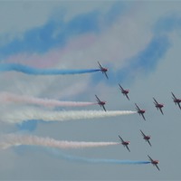 Buy canvas prints of Red arrows flyby by Roy Evans