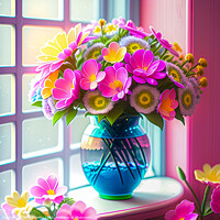 Buy canvas prints of A Beautiful Vase of Flowers catching the sunlight on a windowsill. by Mike Shields