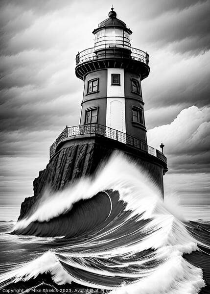 Monochrome Lighthouse lashed by stormy seas Picture Board by Mike Shields