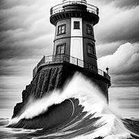 Buy canvas prints of Monochrome Lighthouse lashed by stormy seas by Mike Shields