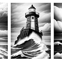 Buy canvas prints of Three Lighthouses pounded by heavy seas by Mike Shields
