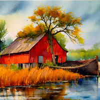 Buy canvas prints of Red Barn by the River by Mike Shields