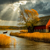 Buy canvas prints of Sun Streaks and a Red Barn by Mike Shields