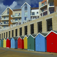 Buy canvas prints of BOSCOMBE BEACH HUTS OIL PAINTING by Anthony Kellaway