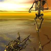 Buy canvas prints of Surreal skeleton jogging past prone skeleton with  by Nicholas Burningham
