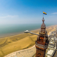 Buy canvas prints of The Beautiful Blackpool Tower, beach from the air by Jonny Essex