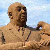 Buy canvas prints of Sand sculpture of Alfred Hitchcock by Paula Palmer canvas