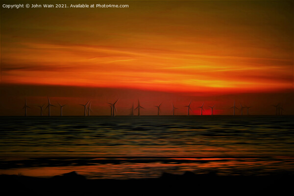 Windmills at sunset (Digital Art) Picture Board by John Wain