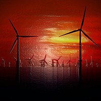 Buy canvas prints of Windmills at Sunset (Digital Art)  by John Wain