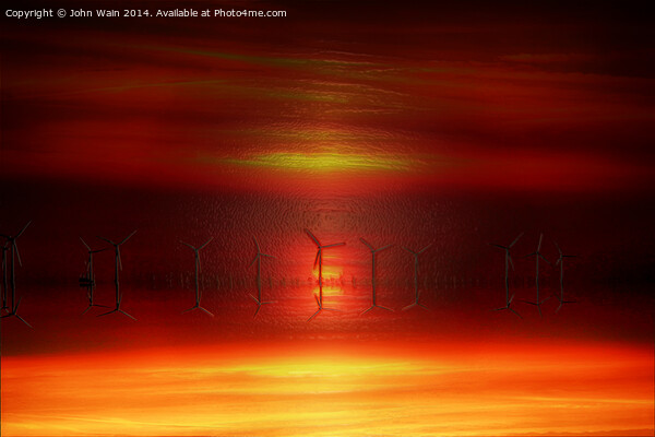 Windmills at sunset (digital Art) Picture Board by John Wain