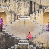 Buy canvas prints of  Rajasthan Step Well Clourful Ladies by Simon Garvey