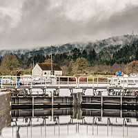 Buy canvas prints of Locks at Fort Augustus in the mist by Michael Moverley