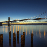 Buy canvas prints of Moon over Bay Bridge by Jed Pearson