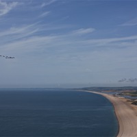 Buy canvas prints of Red Arrows over Chesil Beach by Graham Custance