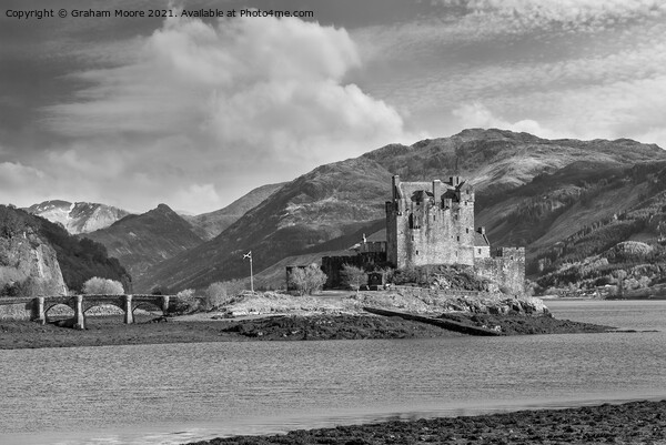 Eilean Donan Castle seen from the north monochrome Picture Board by Graham Moore