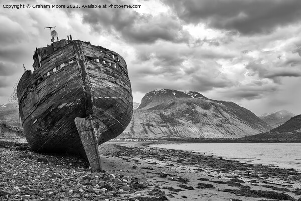 Ship wreck at Corpach monochrome Picture Board by Graham Moore