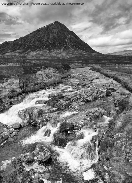 Buachaille Etive Mor and waterfall monochrome Picture Board by Graham Moore