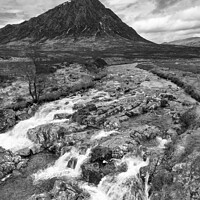 Buy canvas prints of Buachaille Etive Mor and waterfall monochrome by Graham Moore