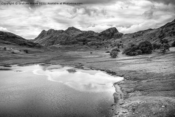 Blea Tarn the Langdale Pikes and Side Pike monochrome Picture Board by Graham Moore