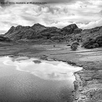 Buy canvas prints of Blea Tarn the Langdale Pikes and Side Pike monochrome by Graham Moore