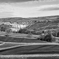 Buy canvas prints of Malham Cove and surrounding fields monochrome by Graham Moore