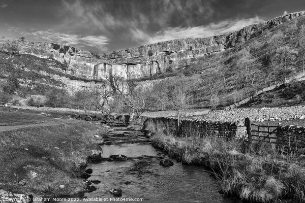 Malham Cove and Malham Beck monochrome Picture Board by Graham Moore