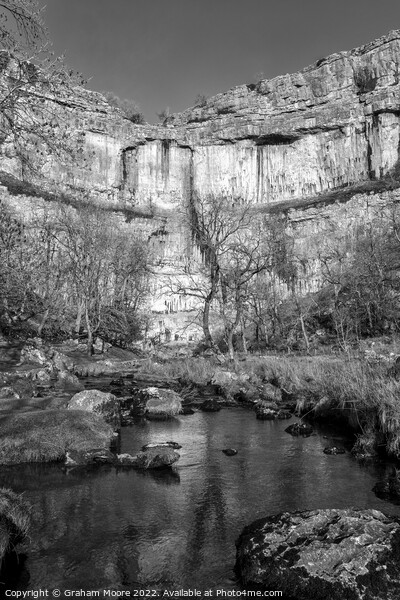 Malham Cove and Malham Beck vertical monochrome Picture Board by Graham Moore