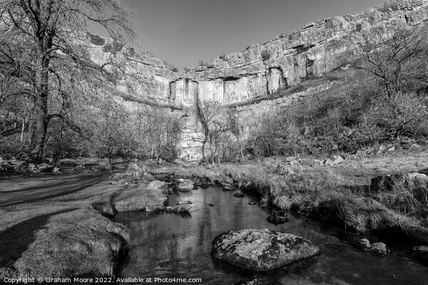 Malham Cove and stream monochrome Picture Board by Graham Moore