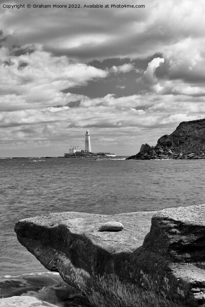 St Marys lighthouse from old hartley monochrome Picture Board by Graham Moore