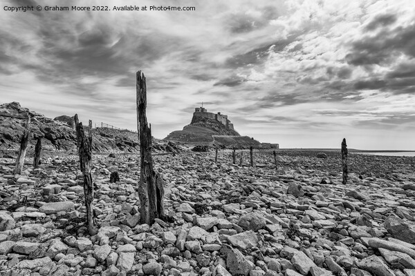 lindisfarne castle from the rocky shore monochrome Picture Board by Graham Moore