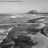 Buy canvas prints of Bamburgh Castle from Harkness Rocks elevated monochrome by Graham Moore