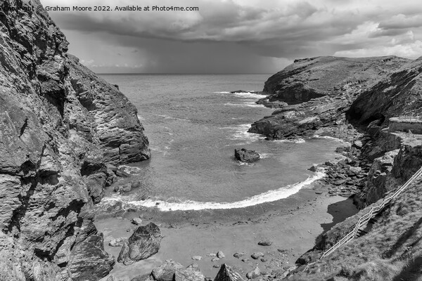Clearing storm at Tintagel monochrome Picture Board by Graham Moore