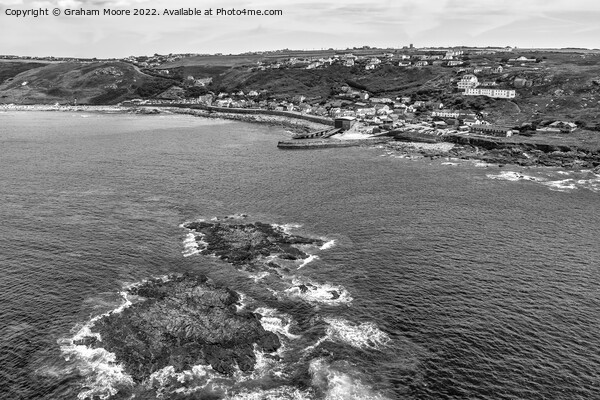Sennen Cove and islands monochrome Picture Board by Graham Moore