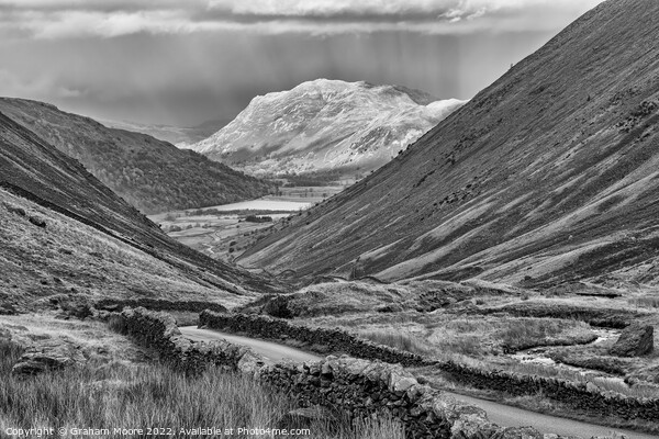 Kirkstone Pass looking north monochrome Picture Board by Graham Moore