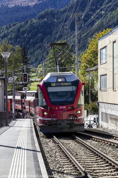 Train approaching Poschiavo station Picture Board by Graham Moore