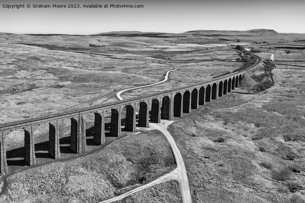 Ribblehead Viaduct elevated view monochrome Picture Board by Graham Moore