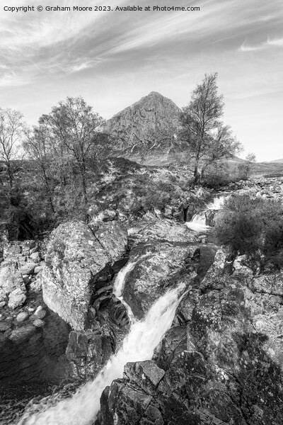 Buachaille Etive Mor and River Coupall falls monochrome Picture Board by Graham Moore